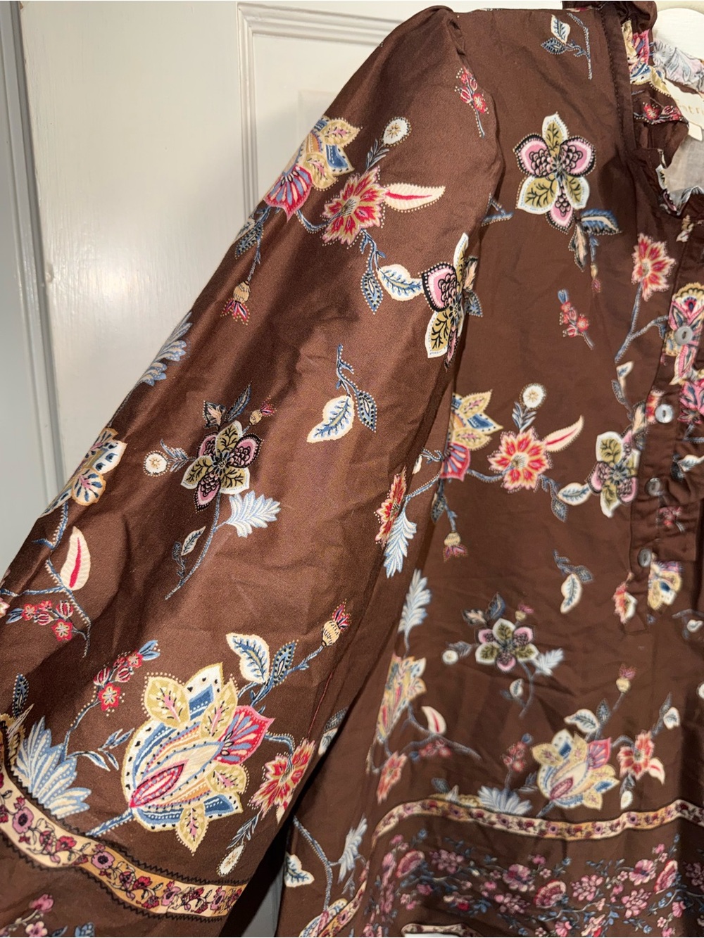 Entro Brown Floral Ruffle-Trim Peasant Blouse size large - Picture 7 of 9